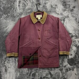 L.L. Bean Field Coat Jacket Womens M Plum Burgundy Plaid Lined Canvas Barn Chore